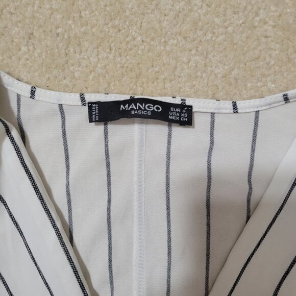 Mango Women's Black and White Striped V-Neck Tie Waist Dress, Size XS / S - Picture 3 of 4